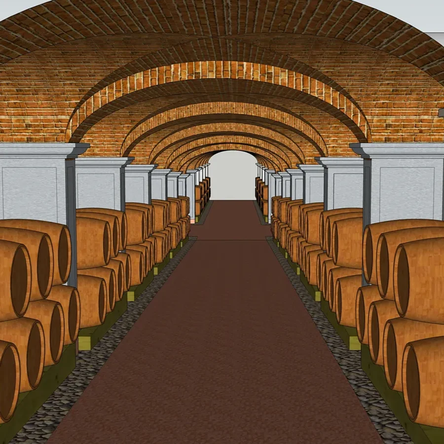 Render del tunnel Tommasi: volte a crociera in mattoni, pilastri e barrique lungo il corridoio