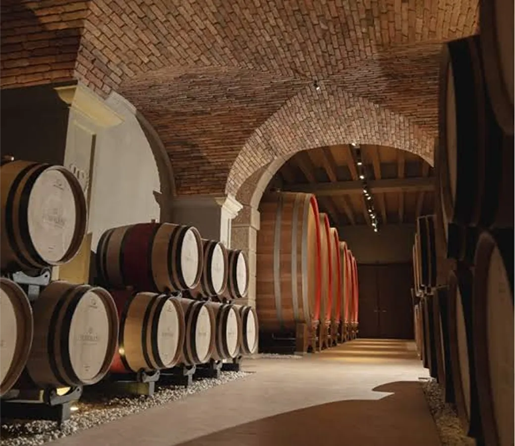 Raccordo tra le volte a crociera in mattoni e l'arco in pietra, con le barrique del tunnel Tommasi e la sala delle grandi botti