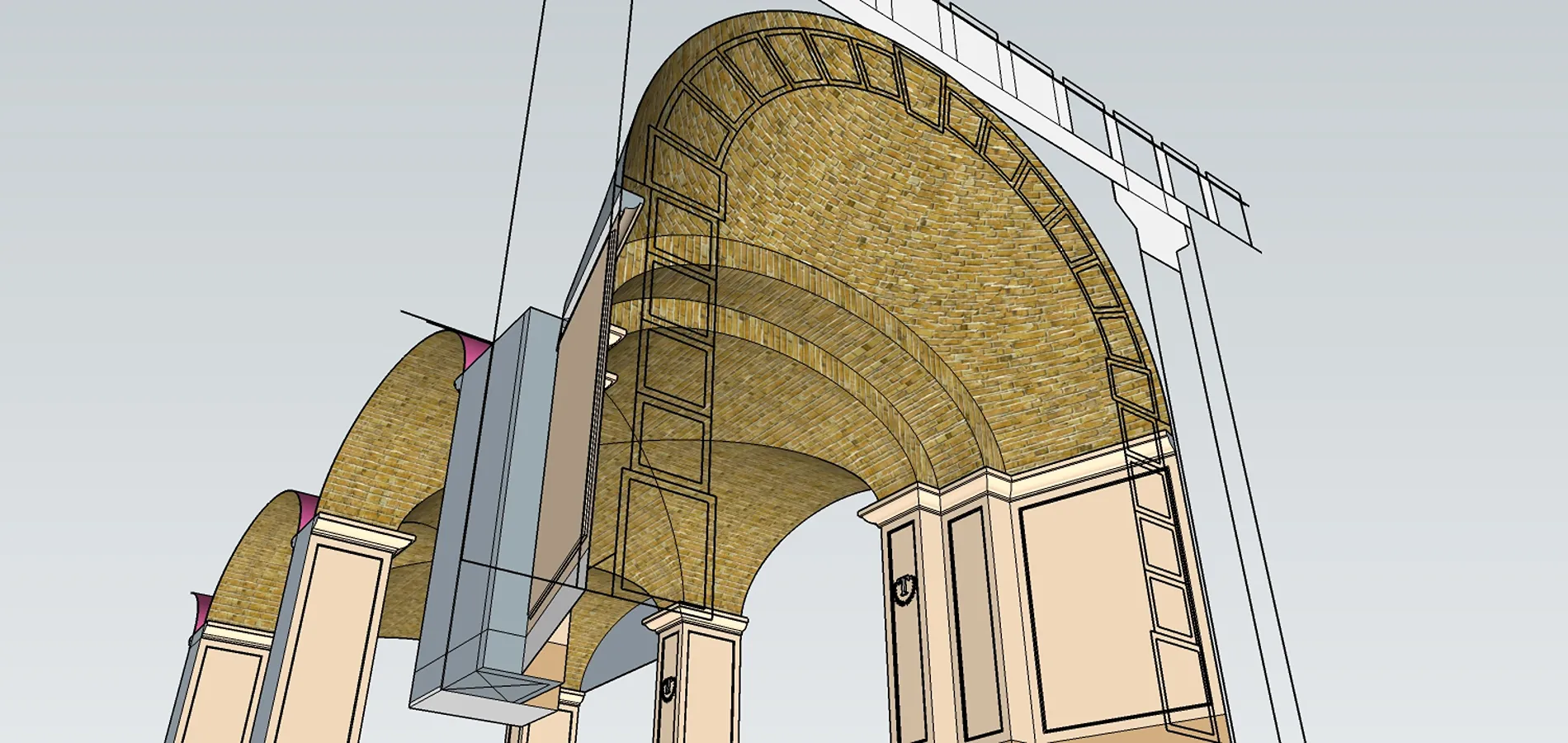 Render in prospettiva del raccordo in mattoni tra la volta a crociera e l'arco in pietra di Prun