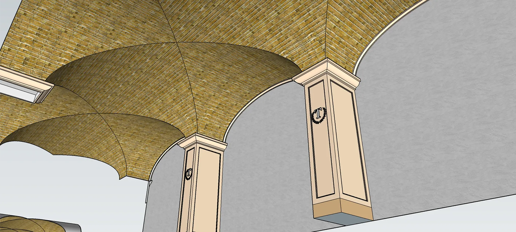 Render dei pilastri con riquadrature, logo della cantina e capitelli sotto le volte a crociera in mattoni