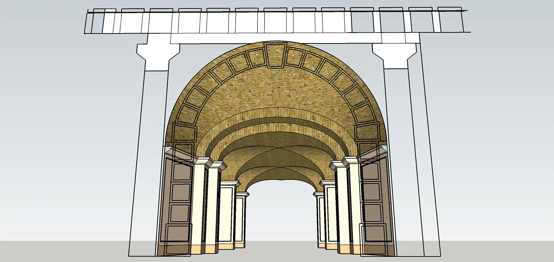 Render frontale del raccordo tra le volte a crociera in mattoni e l'arco monumentale in pietra di Prun